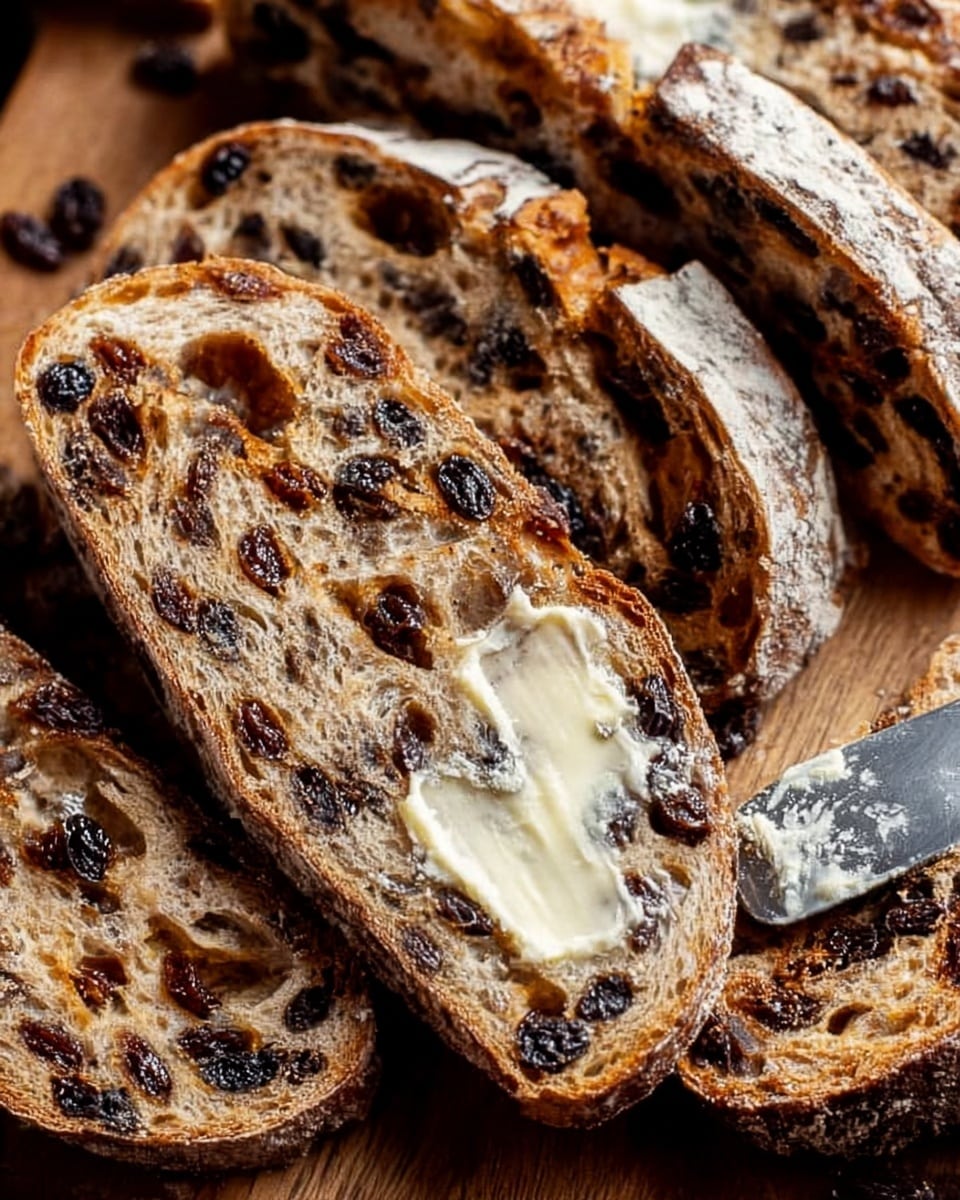 A close-up view of several slices of raisin bread arranged overlapping each other on a wooden surface, each slice showing a textured light brown inside filled with many dark raisins scattered throughout. One slice in the front has a spread of melting butter, giving it a glossy, creamy white patch, while a silver knife with some butter on it touches the slice’s edge. The crust is golden brown with a rough texture, covered lightly with flour. Photo taken with an iphone --ar 4:5 --v 7