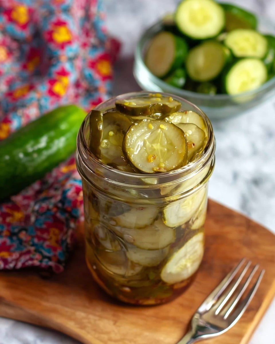 A clear glass jar filled with neatly stacked pickle slices, showing greenish-brown edges and a translucent lighter green center; the pickles are tightly packed inside the jar, which sits on a wooden board. In the background, there is a white marbled surface with a colorful cloth featuring red, blue, and yellow patterns, and a clear bowl with fresh green cucumber slices. A silver fork lays on the wooden board beside the jar. photo taken with an iphone --ar 4:5 --v 7