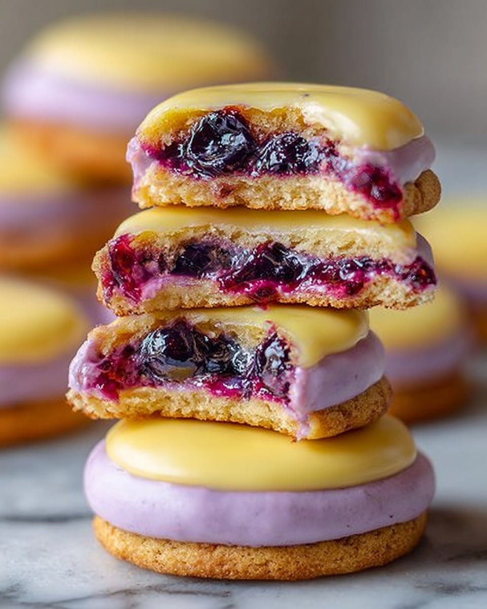 The image shows a stack of three round cookies with smooth, creamy layers. Each cookie has a golden-brown base with a slightly crumbly texture. On top of each base is a thick layer of light purple cream with a smooth texture, followed by a smooth layer of pale yellow icing that covers the entire top surface. The top two cookies are broken in half, revealing a dark purple, juicy fruit filling inside that looks glossy and sticky. The cookies rest on a white marbled surface with a soft focus background showing more cookies. photo taken with an iphone --ar 4:5 --v 7