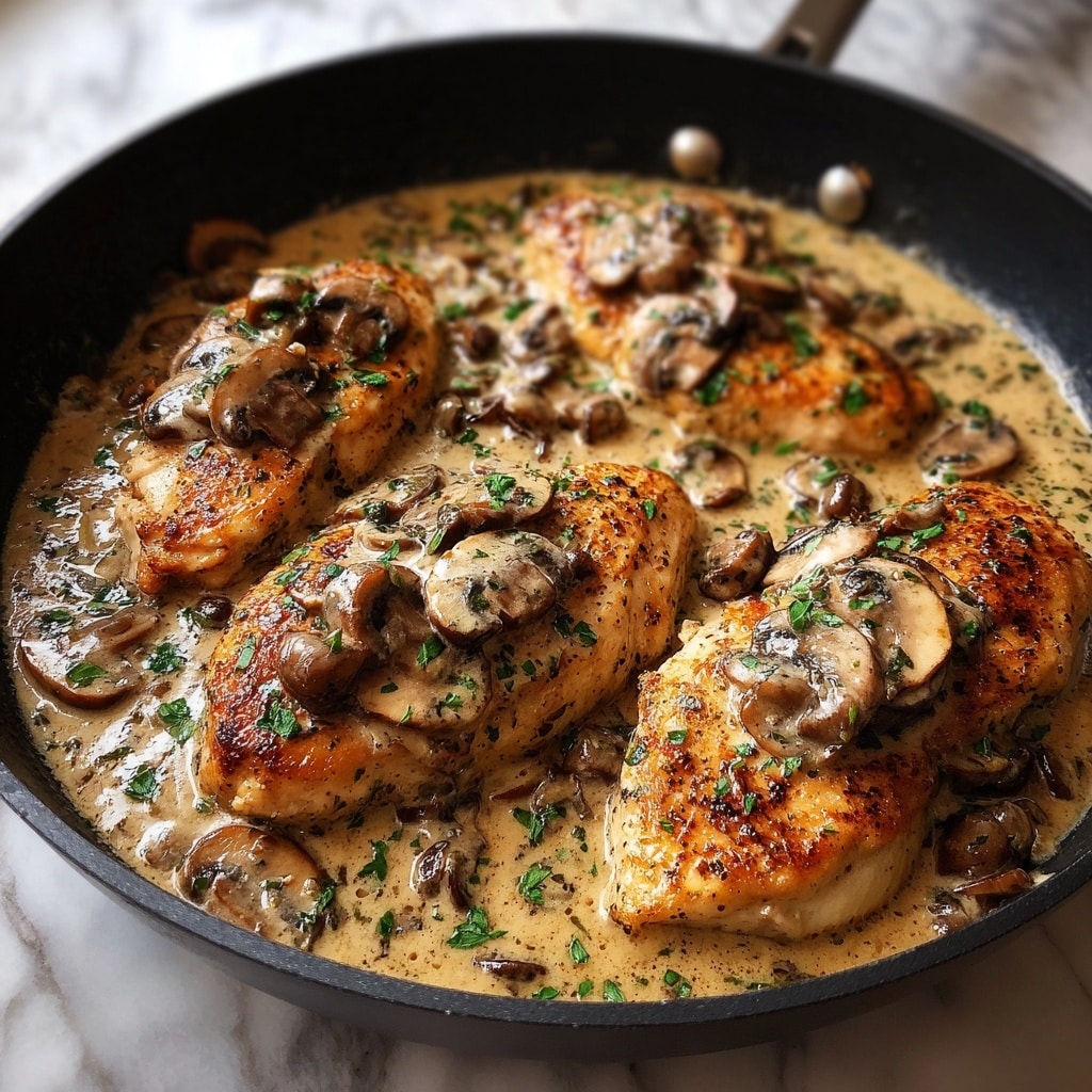 The image shows a white plate with a piece of golden-brown grilled chicken breast as the main layer, topped by a thick, creamy light beige sauce that has green herb bits sprinkled on it. On top of the sauce, there are several cooked brown mushroom slices and a small sprig of fresh green parsley placed near the center. To the right side of the chicken, there is a neat pile of yellowish, smooth-textured noodles with a slightly glossy look. Some extra sauce with mushrooms is pooled around the chicken on the plate, blending softly into the white plate surface. The background is a white marbled texture. photo taken with an iphone --ar 4:5 --v 7
