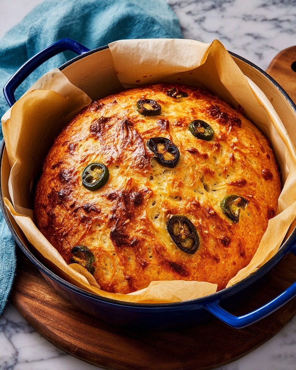A round loaf of golden brown bread with a slightly rough and crispy top crust is shown in a blue-handled cast iron pot lined with off-white parchment paper that peeks out around the edges. The bread surface is dotted with dark green sliced jalapeños and has a bubbled, melted cheese texture that gives it a rich, crunchy look. The pot sits on a dark wooden board, with a light blue cloth nearby, all placed on a white marbled surface. Photo taken with an iphone --ar 4:5 --v 7