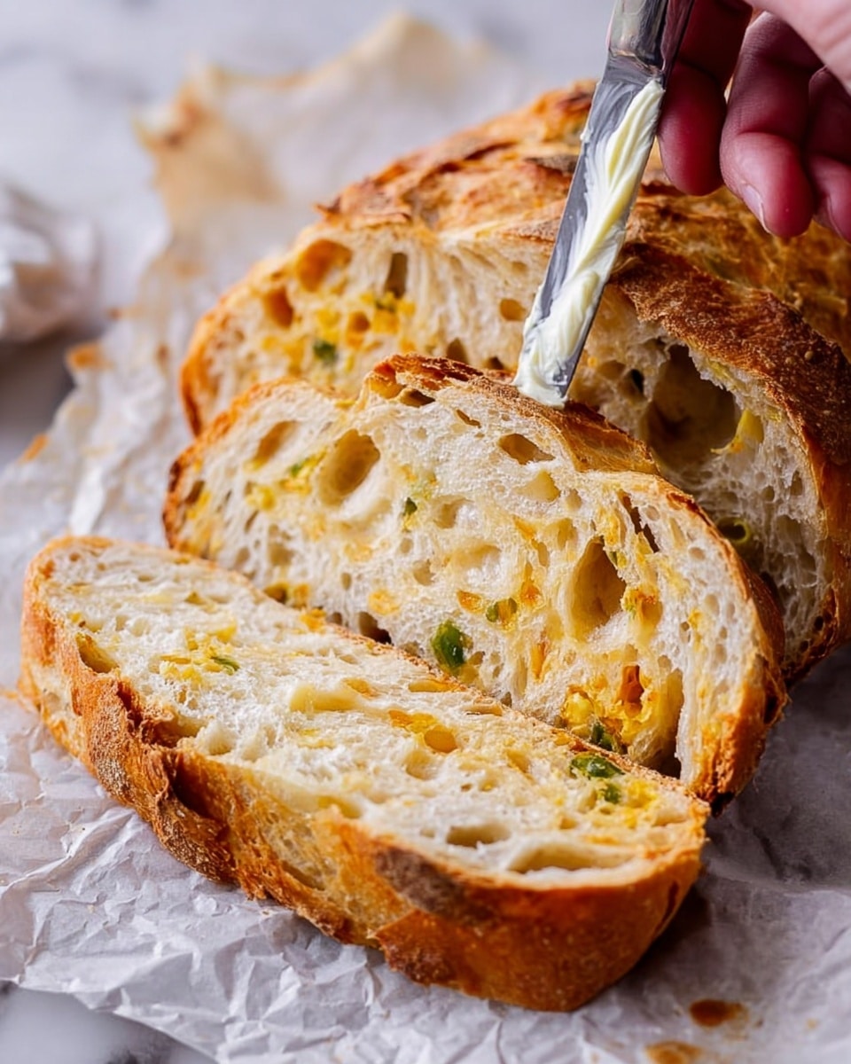Two thick slices of golden crusty bread with a soft, airy inside are placed on crumpled parchment paper over a white marbled surface. The bread shows small bits of green and yellow ingredients baked inside, adding specks of color throughout the pale crumb. A silver butter knife held by a woman's hand spreads creamy white butter onto the top slice, the butter smoothly covering part of the porous texture. The crust is a warm brown with a slightly rough, crunchy look. Photo taken with an iphone --ar 4:5 --v 7