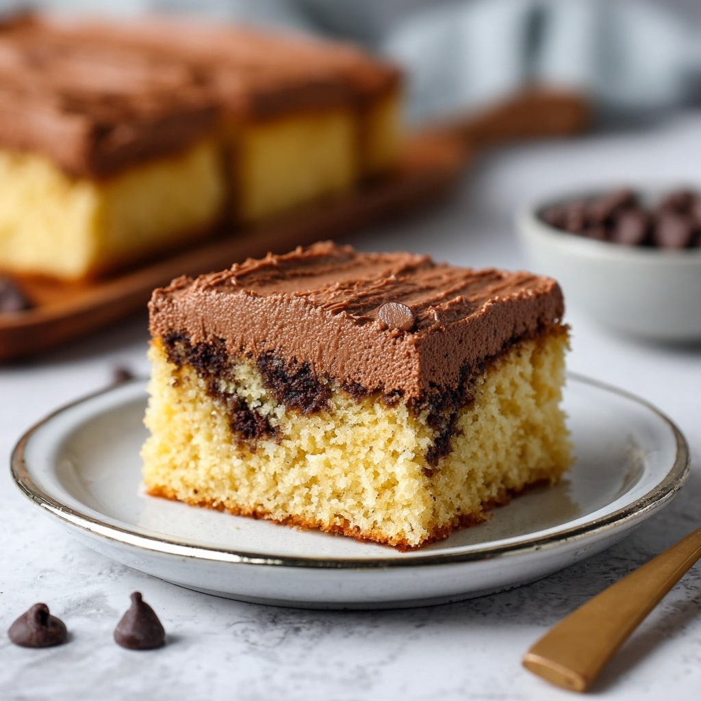 The image shows a square, two-layered cake with a thick top layer of swirled, smooth chocolate frosting in dark brown. The bottom layer is a golden-yellow cake mixed with small dark chocolate chips scattered evenly throughout. One chunk is cut out from the cake's front right corner, showing its texture clearly. The cake sits on white parchment paper on a wire rack, placed over a white marbled texture. In the background, there are a few yellow bananas slightly out of focus, resting on a light-colored textured cloth. photo taken with an iphone --ar 4:5 --v 7