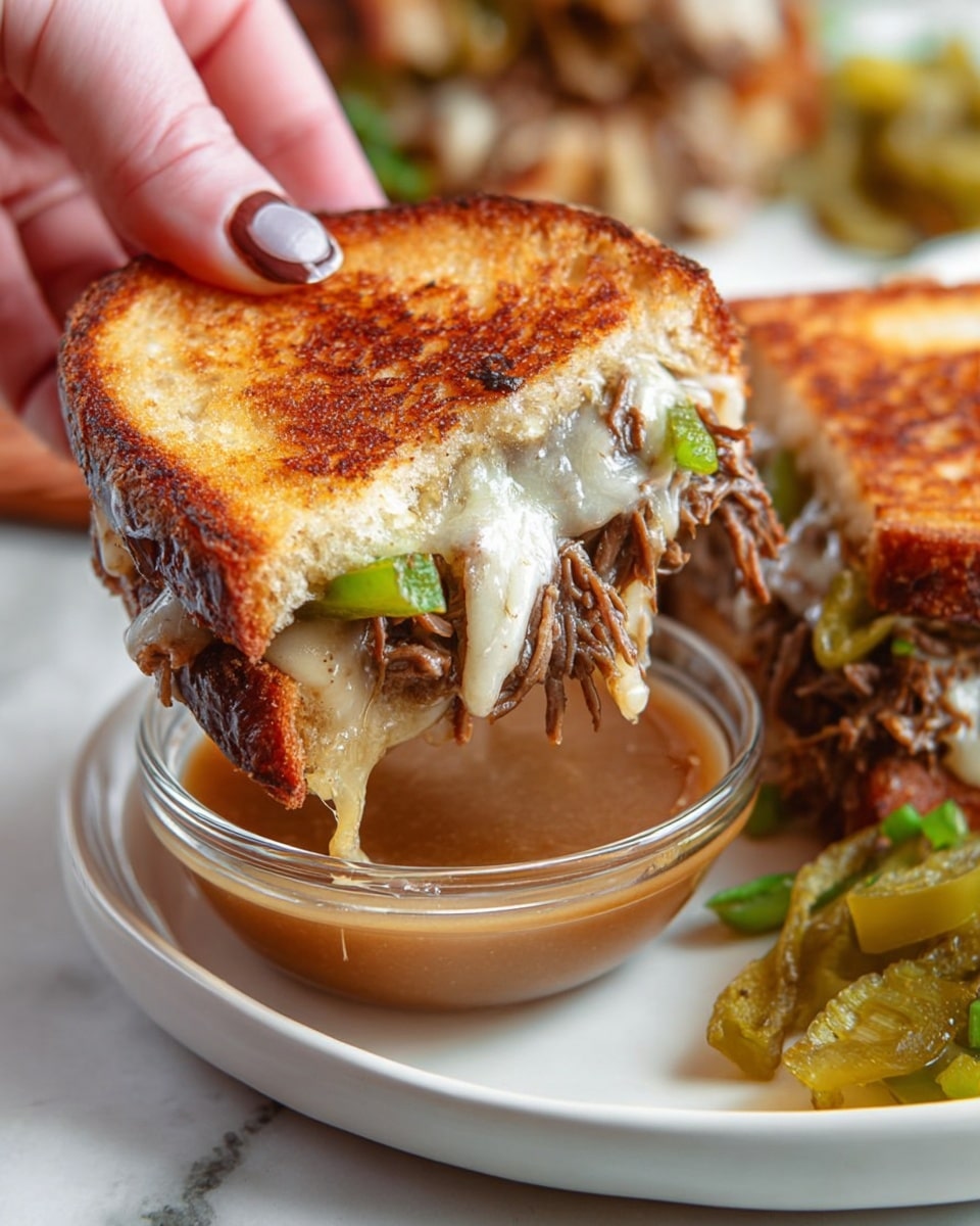 A close-up image showing a woman's hand holding a golden brown grilled cheese sandwich filled with melted white cheese, tender shredded beef, and cooked green peppers and onions. The sandwich is being dipped into a clear glass bowl of rich, light brown dipping sauce on a white plate placed on a white marbled surface. Another half sandwich and some pickled green peppers sit in the background, slightly out of focus. The textures of crispy toasted bread and gooey cheese contrast with the soft beef and vegetables. Photo taken with an iphone --ar 4:5 --v 7