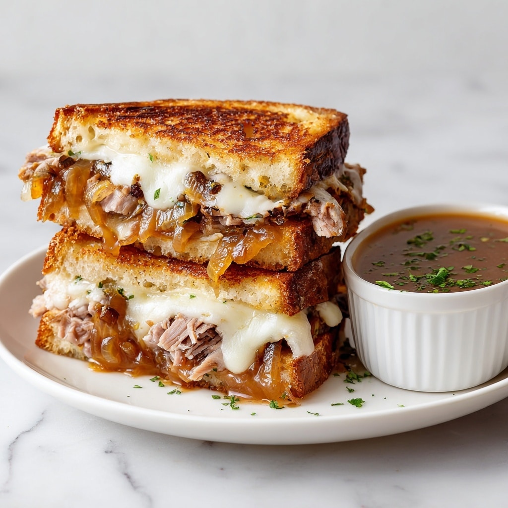 The image shows two halves of a sandwich stacked on a white plate with a white marbled background. The sandwich has three visible layers: the top and bottom slices of bread are golden brown and crispy, grilled to a rich, textured crust. Between the bread layers, there is a layer of melted white cheese, soft and gooey, stretching slightly between the sandwich halves. Below the cheese, there is a thick layer of sliced, cooked meat with a mix of pink and brown colors, giving it a tender look. Also, there are caramelized onions with a shiny, deep brown color beneath the meat. To the right of the sandwich, there is a white ramekin holding a brown dipping sauce sprinkled with green herbs. Photo taken with an iphone --ar 4:5 --v 7