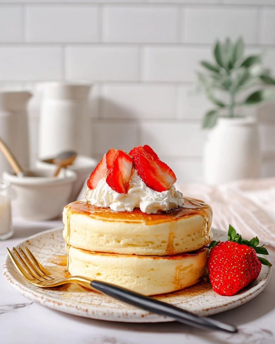 Two tall, thick pancakes with a golden brown top layer and a light yellow, fluffy middle layer are shown side by side on a black speckled griddle pan. The edges of the pancakes have a slightly crispy, darker brown crust. The background features a white marbled texture. Photo taken with an iphone --ar 4:5 --v 7
