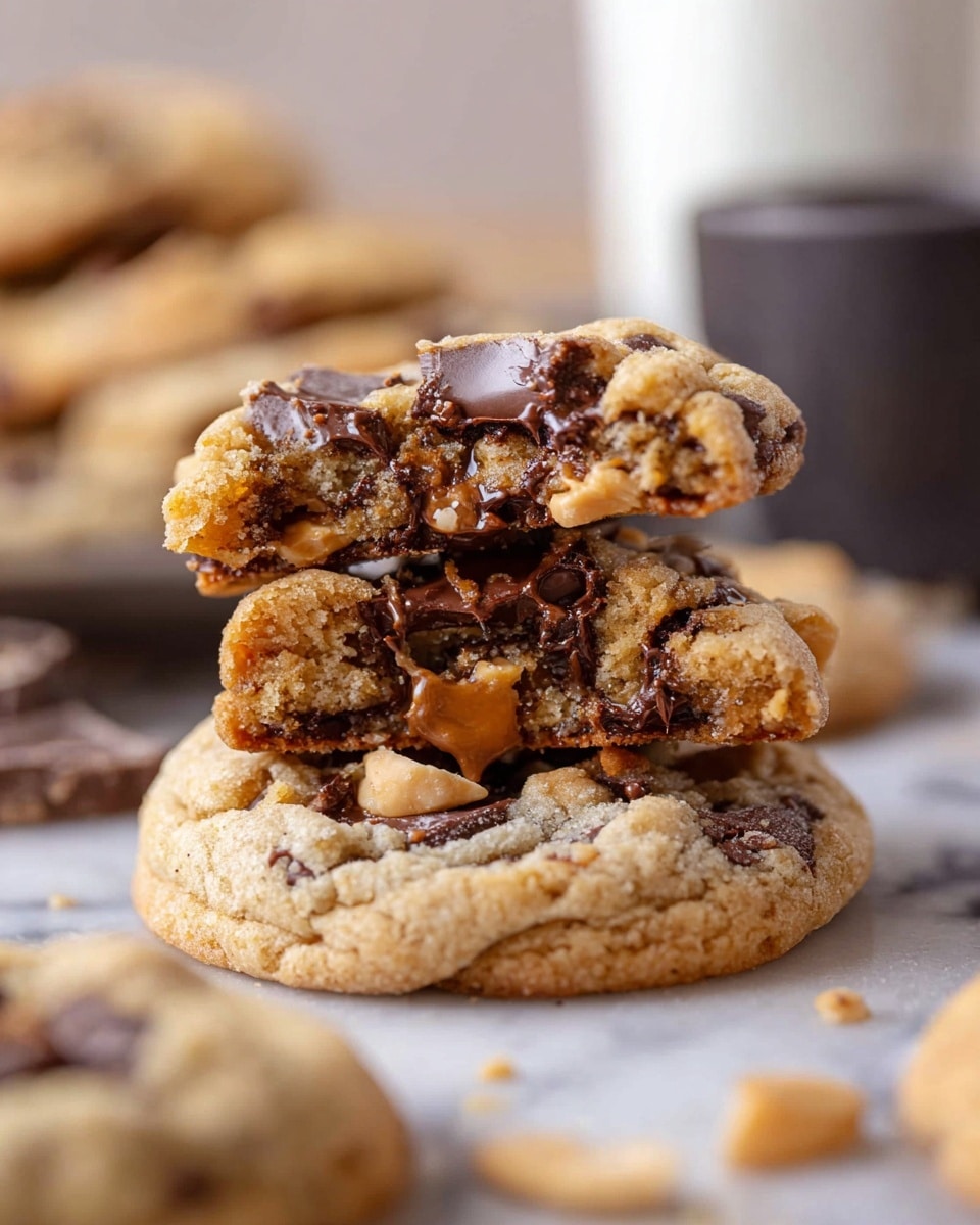 A close-up picture of a stack of three soft cookies on a white marbled surface; the bottom cookie is whole and light brown with visible dark chocolate and peanut chunks, the middle cookie is broken in half showing a gooey inside with melted chocolate and peanut pieces, and the top cookie piece rests unevenly on the middle piece with soft, crumbly texture and golden-brown color. The background is blurred with more cookies and a dark cup partially visible. Photo taken with an iphone --ar 4:5 --v 7