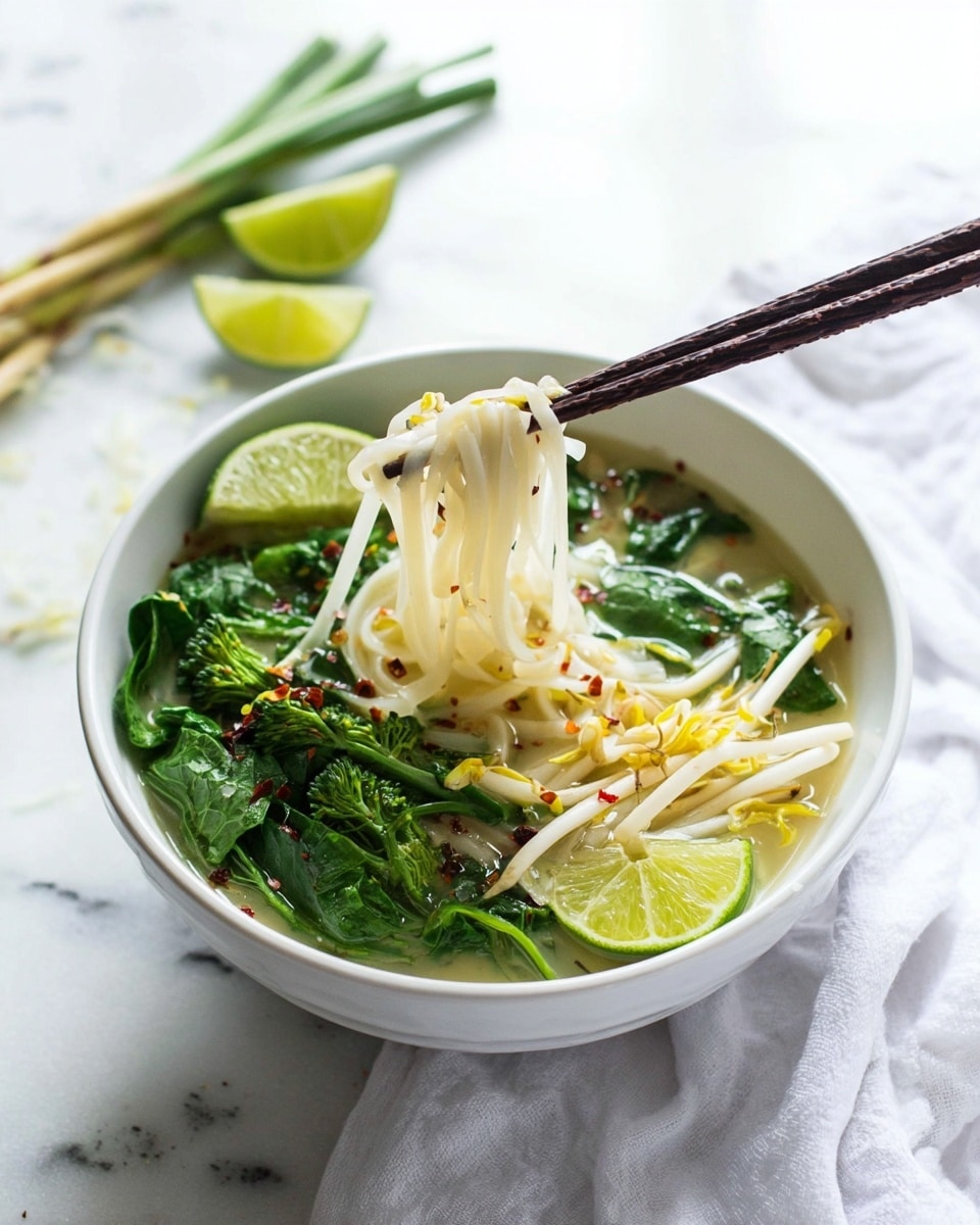 A white bowl filled with creamy green soup as the base layer, topped with bright green fresh leaves on the left side, a light green lime wedge near the upper left edge, and thin white noodles twisted onto dark brown chopsticks resting from the right side into the bowl. On the right side, there is a pile of white bean sprouts with yellow tips, and at the bottom, vibrant green broccoli pieces. Small red chili flakes are scattered over the soup and toppings. The bowl sits on a white marbled surface with a white cloth nearby. Photo taken with an iphone --ar 4:5 --v 7