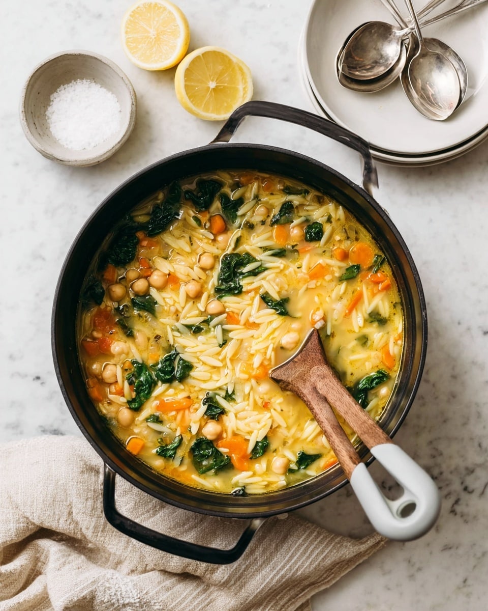 A bowl of chickpea and orzo soup sits on a white marbled surface, filled with a golden broth that contains small white orzo pasta, round light brown chickpeas, small bits of orange carrots, and dark green leafy vegetables. A silver spoon rests inside the bowl, with a thin, bright yellow lemon slice floating on the soup's surface near the edge. The soup is sprinkled with black pepper flakes over the top. In the background, there is a second bowl with the same soup and a pot filled with more soup. Next to the bowl is a halved lemon and a beige cloth napkin. photo taken with an iphone --ar 4:5 --v 7