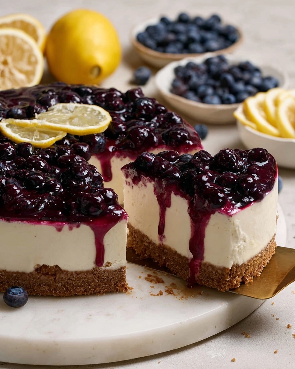 A blueberry cheesecake with three clear layers is shown on a white marble surface. The bottom layer is a thick, crumbly brown crust, the middle layer is a thick, creamy white cheese filling, and the top layer is a shiny, deep purple blueberry glaze with whole blueberries, some of which are dripping down the side of the cheesecake. A large slice is cut and lifted with a gold-colored spatula, showing the smooth texture of the cheesecake layers. In the background, there are a halved lemon, a bowl of fresh blueberries, and a small bowl of lemon slices on the white marble texture. Photo taken with an iphone --ar 4:5 --v 7