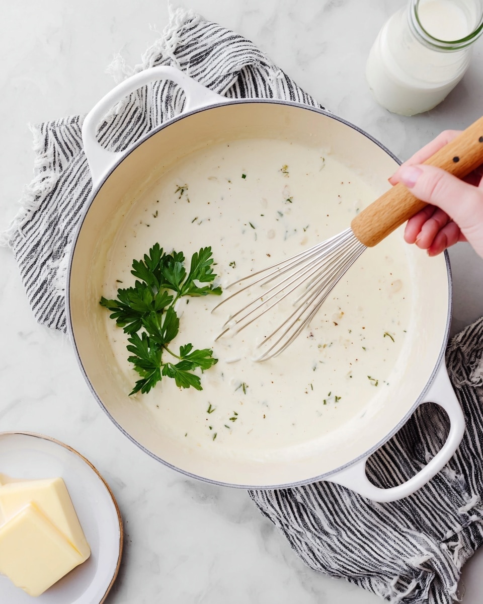 A white pot filled with a creamy white sauce speckled with small herbs and spices, having a smooth and thick texture. A few bright green parsley leaves float on top, providing a fresh contrast. A woman's hand holds a whisk with a light wooden handle, stirring the sauce gently in the pot. The pot rests on a white marbled surface with a black and white striped cloth beneath the handle. Nearby, a small white plate with a square of pale yellow butter and a glass bottle of milk complete the setting. Photo taken with an iphone --ar 4:5 --v 7