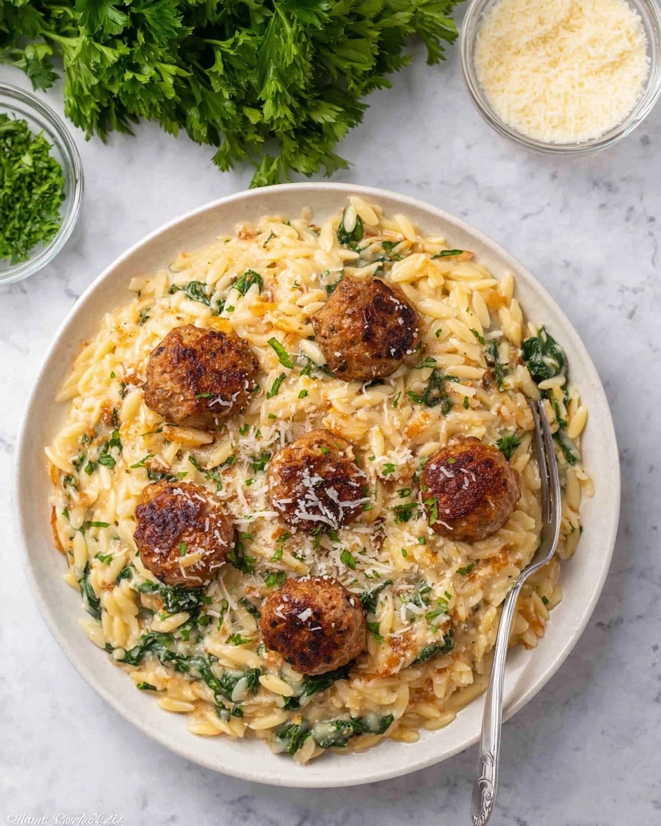 A black pan filled with a dish made of golden browned meatballs and light yellow orzo pasta mixed with wilted dark green spinach leaves and small pieces of dried red tomato. The dish is sprinkled with white grated cheese and small bits of chopped green herbs on top. The pan rests on a white marbled surface with a blue cloth underneath, and in the background, there are two small white bowls filled with grated cheese and green herbs, along with a bunch of fresh green parsley. Photo taken with an iphone --ar 4:5 --v 7