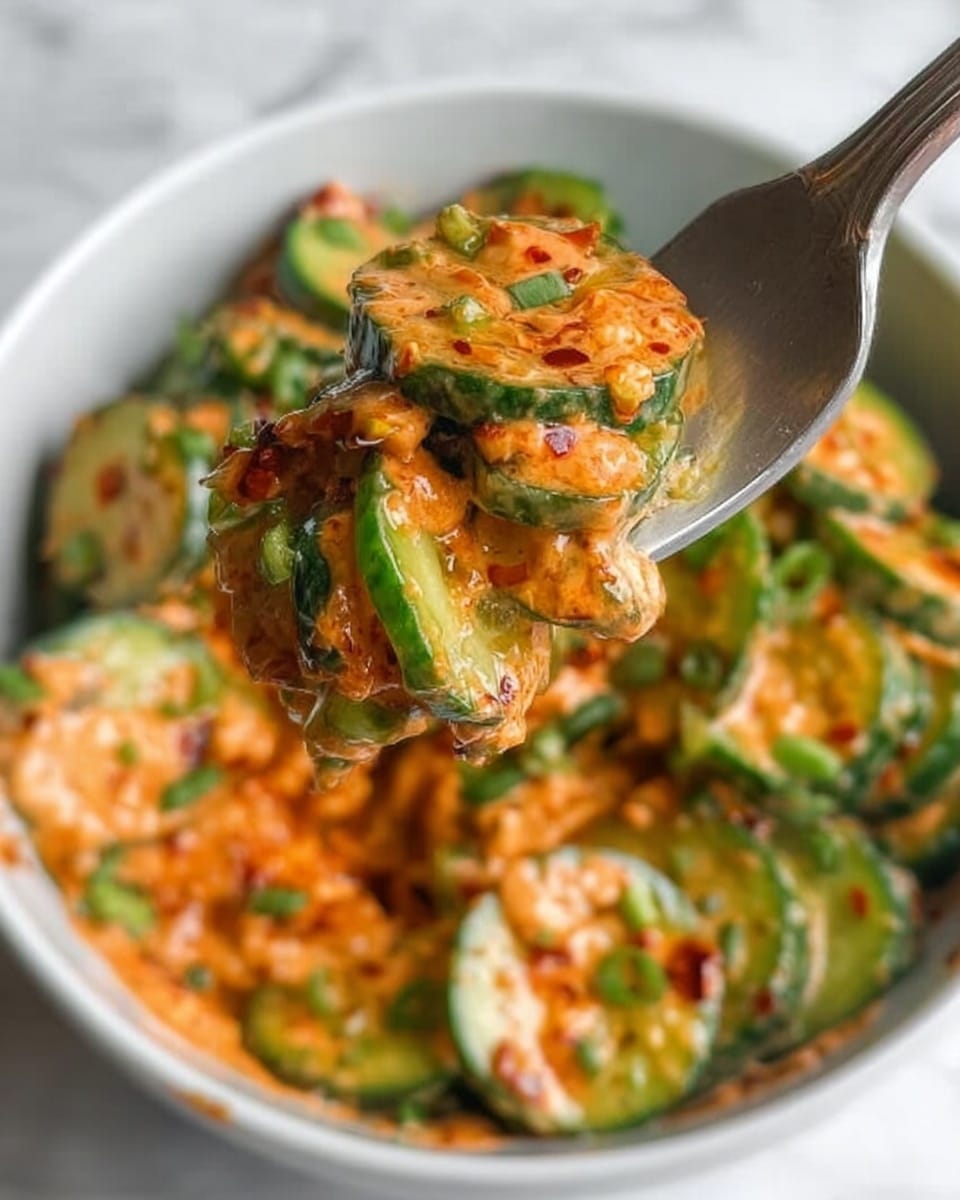 The dish is presented in a clear glass bowl placed on a white marbled surface. It has at least three layers: the bottom layer is light yellow, soft-looking pieces that resemble cooked chicken, scattered with fresh green sliced cucumber rounds evenly spread across the top. There are dark red, oily spice patches dotted on top, giving a shiny texture in places, and white sesame seeds sprinkled evenly all over. Bright green thinly sliced scallions are scattered over the surface for a fresh contrast. The colors are warm and vibrant with a mix of yellows, greens, and reds, showing a rich and fresh combination. photo taken with an iphone --ar 4:5 --v 7