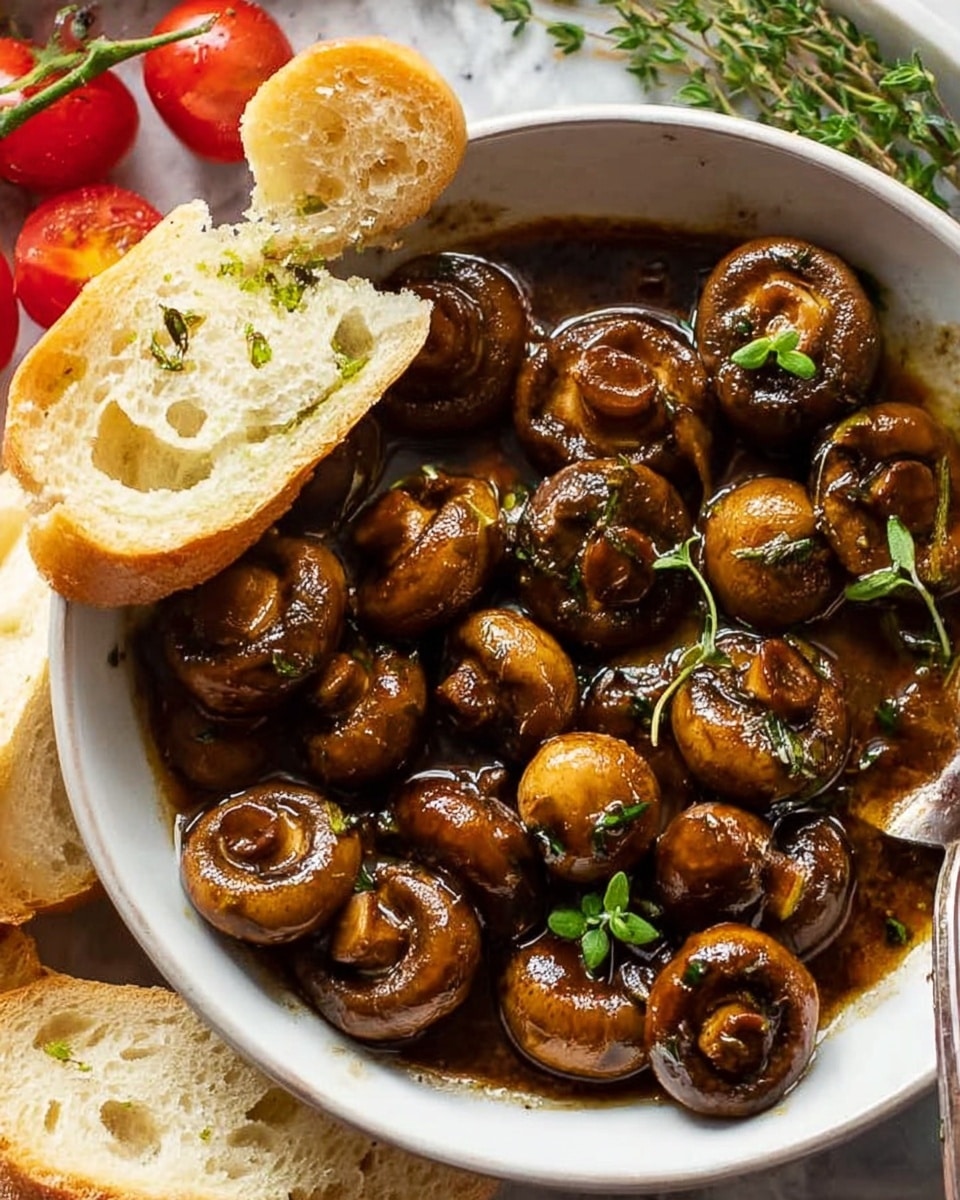 A white bowl filled with whole sautéed mushrooms in a glossy, dark brown sauce, garnished with small green herb sprigs scattered on top. A piece of torn, light golden-brown crusty bread rests partially inside the bowl on the left side, absorbing some sauce. The bowl sits on a white marbled textured surface with additional pieces of bread and bright red cherry tomatoes with green leaves visible in the blurred background. Photo taken with an iphone --ar 4:5 --v 7