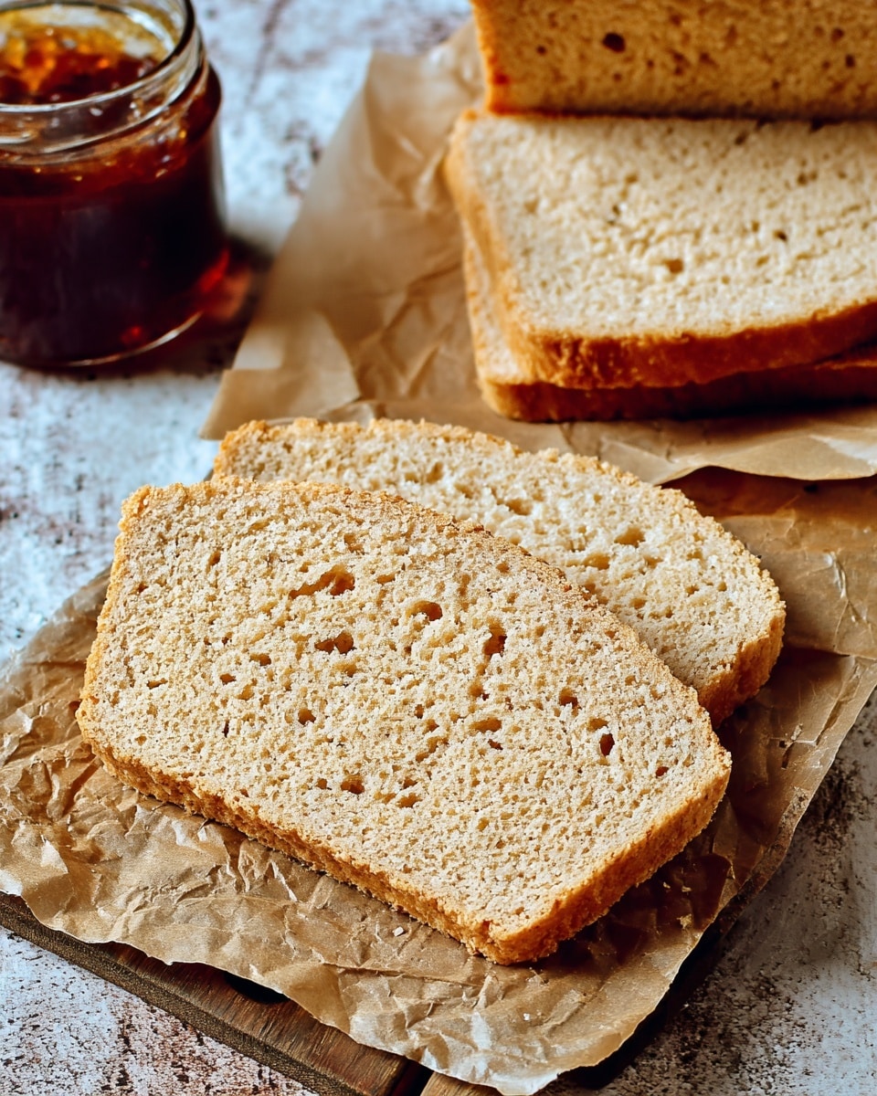 The image shows a freshly baked loaf of light brown bread resting on white parchment paper placed on a wooden board. The bread has a coarse, golden-brown crust with a cracked top layer. Several slices are cut from the loaf, showing a soft, light beige inside with a slightly grainy texture and small air holes. A black-handled serrated knife is in the process of slicing the bread. The background features a bright and colorful floral fabric with patterns of orange, purple, and green flowers on a white marbled textured surface. photo taken with an iphone --ar 4:5 --v 7