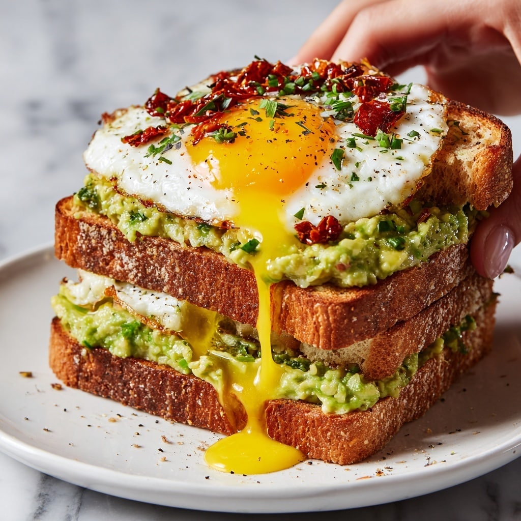 A sandwich with three visible layers is shown on a white marbled surface. The bottom layer consists of toasted bread with mashed green avocado spread evenly, topped with fresh cucumber slices and roasted red tomatoes. The middle layer is a fried egg with a white, fluffy edge and a bright yellow yolk starting to run down the side. The top layer is another piece of toasted bread with a golden brown, crispy texture, sprinkled with small green herbs and coarse salt. Small bits of herbs are also scattered around the sandwich. Photo taken with an iphone --ar 4:5 --v 7