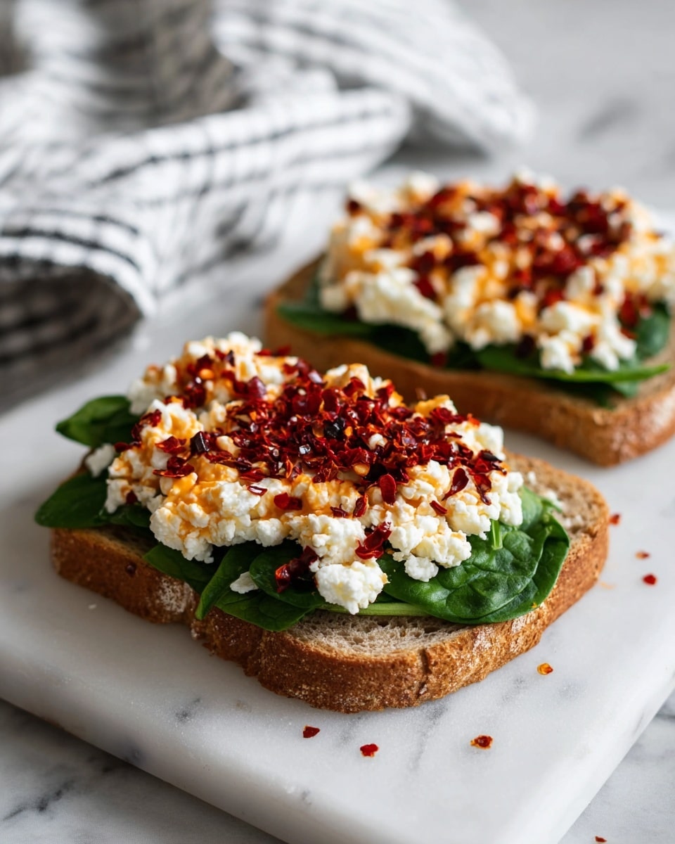 A grilled sandwich cut diagonally in half and stacked on a white plate, showing three visible layers: the top and bottom golden-brown toasted bread with a crunchy texture, a middle layer of melted white cheese that looks creamy and gooey, and a layer of cooked dark green spinach mixed with small pieces of red sun-dried tomatoes, with a sprig of fresh green thyme on top for garnish. The background is a soft, blurred white marbled texture. Photo taken with an iphone --ar 4:5 --v 7