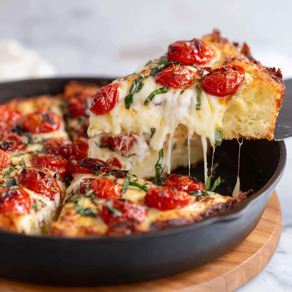 The image shows two slices of a frittata on a white plate with a blue rim, placed on a white marbled surface. Each slice has three main layers: a golden brown, slightly crispy crust base, a thick middle layer of creamy, pale yellow egg mixed with bits of green herbs and cheese, and a top layer covered with bright red roasted cherry tomatoes and some dark green herb leaves. The edges of the frittata are browned and slightly raised, giving a fluffy appearance. In the background, there is a white bowl filled with green leafy herbs, slightly out of focus. The lighting is natural, making the colors of the tomatoes and herbs vibrant and fresh. Photo taken with an iphone --ar 4:5 --v 7