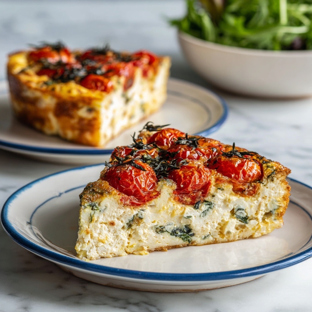 A slice of pizza is being lifted from a black pan, showing three main layers: a golden-brown crust at the bottom, a creamy melted cheese layer in the middle, and a topping of bright red roasted cherry tomatoes mixed with small green basil leaves on top. The cheese looks smooth and stretchy as it pulls away with the slice. The pan holds the rest of the pizza, with more roasted cherry tomatoes and green leaves spread evenly over a golden melted cheese surface. The background is a soft white marbled texture with a wooden board underneath the pan. Photo taken with an iphone --ar 4:5 --v 7