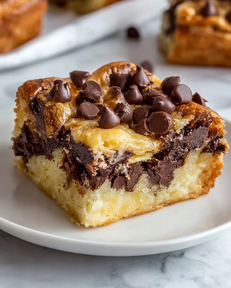 A close-up view of a golden-brown baked pastry slice placed on a white plate. The pastry has a thick base layer filled with melted, dark chocolate chunks creating a rich and gooey texture. Above this, a pale yellow, soft cake layer is visible with slightly crisp edges. The top layer is glossy and slightly flaky, decorated with a generous amount of large, dark chocolate chips scattered unevenly, adding texture and a smooth, shiny finish. The scene is set on a white marbled surface. photo taken with an iphone --ar 4:5 --v 7