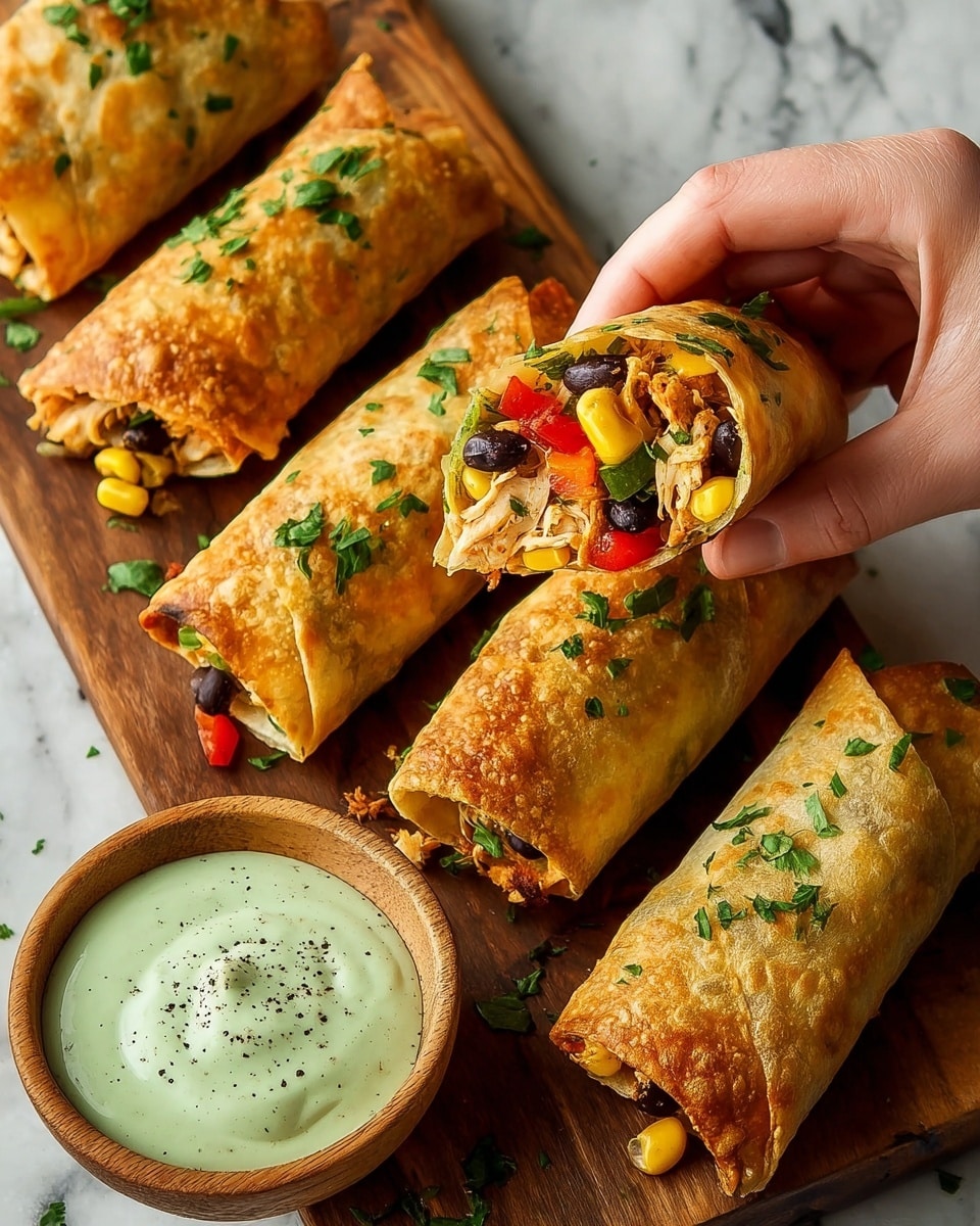 The image shows three golden brown, crispy burritos on a wooden board with a white marbled texture underneath. Each burrito is grilled with a slightly charred, bubbly surface and sprinkled with fresh green cilantro. One burrito is cut open, showing three visible layers inside: shredded chicken with a light beige texture, black beans with a shiny dark surface, and yellow corn kernels mixed with small red and green diced peppers. Beside the burritos is a small brown bowl filled with creamy white sauce speckled with chopped green herbs. Some scattered cilantro leaves add a fresh touch around the board. Photo taken with an iphone --ar 4:5 --v 7
