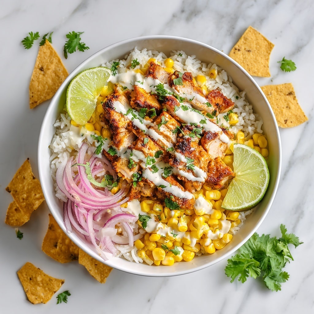 This image shows a bowl with three layers of food. The bottom layer is white rice, soft and fluffy, covering the entire base of the bowl. On the left side, there is a bright yellow layer of cooked corn kernels, shiny and slightly glossy. The right side and center top are covered with grilled chicken pieces that are golden brown with charred marks, giving them a slightly crispy texture. The chicken is topped with white sauce mixed with small pieces of red onion and bits of green cilantro leaves scattered on top for a fresh look. The bowl is white with a brown speckled rim and sits on a white marbled surface, with some cilantro leaves and a sliced lime visible around it. photo taken with an iphone --ar 4:5 --v 7