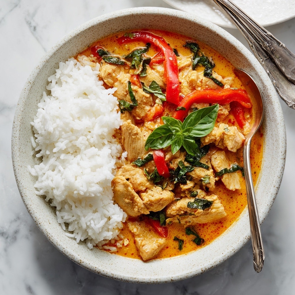 A white speckled bowl holds a round mound of white rice on the left side, with a thick orange curry covering pieces of cooked chicken and red bell pepper slices on the right side. Bright green basil leaves sit on top of the curry, adding fresh color contrast. A silver spoon rests inside the bowl toward the back right. The bowl is placed on a white marbled surface with a blurred second bowl and silverware in the background. photo taken with an iphone --ar 4:5 --v 7