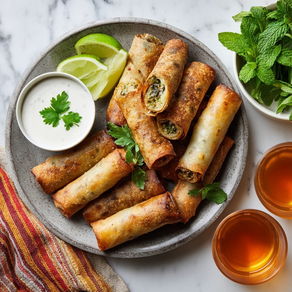 A round metal plate filled with about 15 golden-brown, crispy rolled pastries that are thin and slightly uneven, with some showing green filling peeking out at the ends. On the left side of the plate, there is a small white bowl with a creamy white dipping sauce topped with a sprig of fresh green parsley. Two bright green lime wedges are placed near the bowl. To the right, there is a white bowl filled with fresh green mint leaves and a lime wedge resting on top. In the foreground, two small clear glasses filled with amber-colored tea are set on a white marbled surface along with a small striped cloth in warm colors. photo taken with an iphone --ar 4:5 --v 7