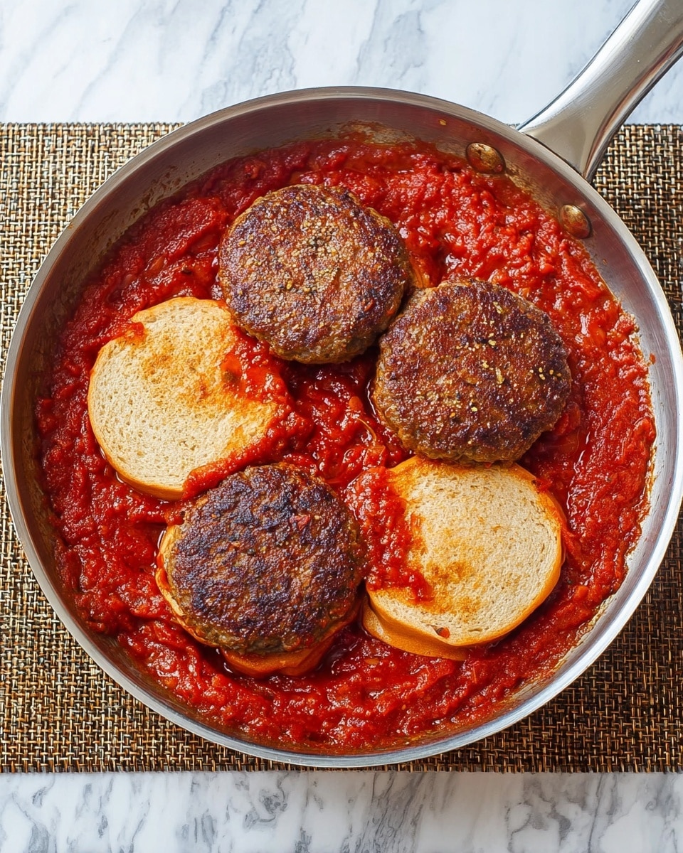 Two meatball sandwiches sit in a wooden tray on a white marbled surface. Each sandwich has a soft, round, golden-brown bun slightly toasted on top. Inside the bun, there is a thick layer of red tomato sauce spread on both the top and bottom halves. Between the buns, a large, brown meatball patty is visible, covered with more tomato sauce that slightly drips out. Both sandwiches are wrapped halfway with red and white striped paper. A blurred striped cloth is in the background. Photo taken with an iphone --ar 4:5 --v 7
