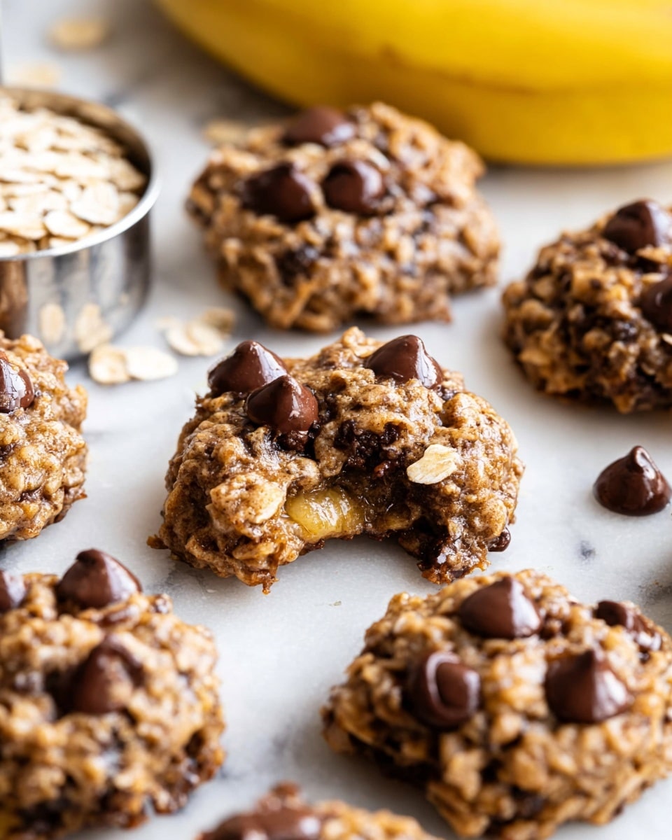The image shows several round, thick oatmeal cookies with visible chocolate chips scattered throughout. The cookies have a rough texture with clumps of oats giving them a homemade look. They are placed on white parchment paper atop a white marbled surface. In the bottom left corner, there are a few slices of banana adding a fresh touch. The light is soft, highlighting the golden-brown color of the cookies and the shiny dark chocolate chips. Photo taken with an iphone --ar 4:5 --v 7