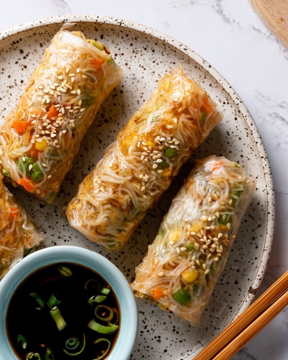 The image shows a rectangular black tray filled with golden-brown spring rolls topped with white sesame seeds and chopped green herbs. In the tray's upper left corner, a white bowl holds a thick brown dipping sauce garnished with a thin slice of lemon. Fresh green cilantro leaves are placed around the spring rolls for decoration. The tray is set on a white marbled surface with scattered herbs and lemon halves around it. A glass of water with a clear handle is visible in the upper right corner. photo taken with an iphone --ar 4:5 --v 7