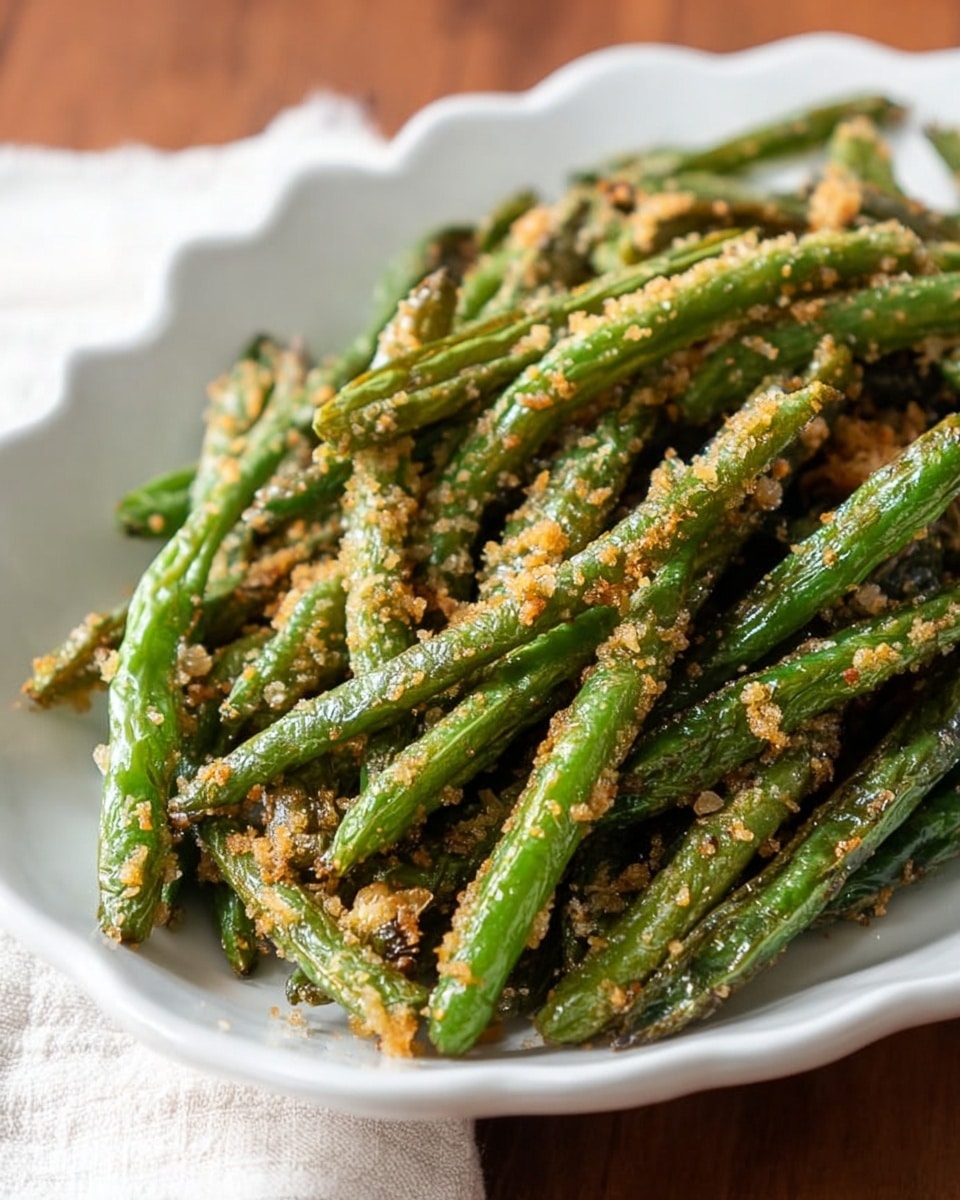 This image shows several cooked green beans with a crispy, golden-brown crumb topping scattered on them. The green beans are bright green with some browned tips, piled on a white marbled surface. A wooden fork is lifting a small bundle of the beans, highlighting their glossy texture and the crumb layer on top. The crumb is crumbly and uneven, with some pieces lying around the beans. The lighting makes the green beans look fresh and the crumbs crunchy. Photo taken with an iphone --ar 4:5 --v 7