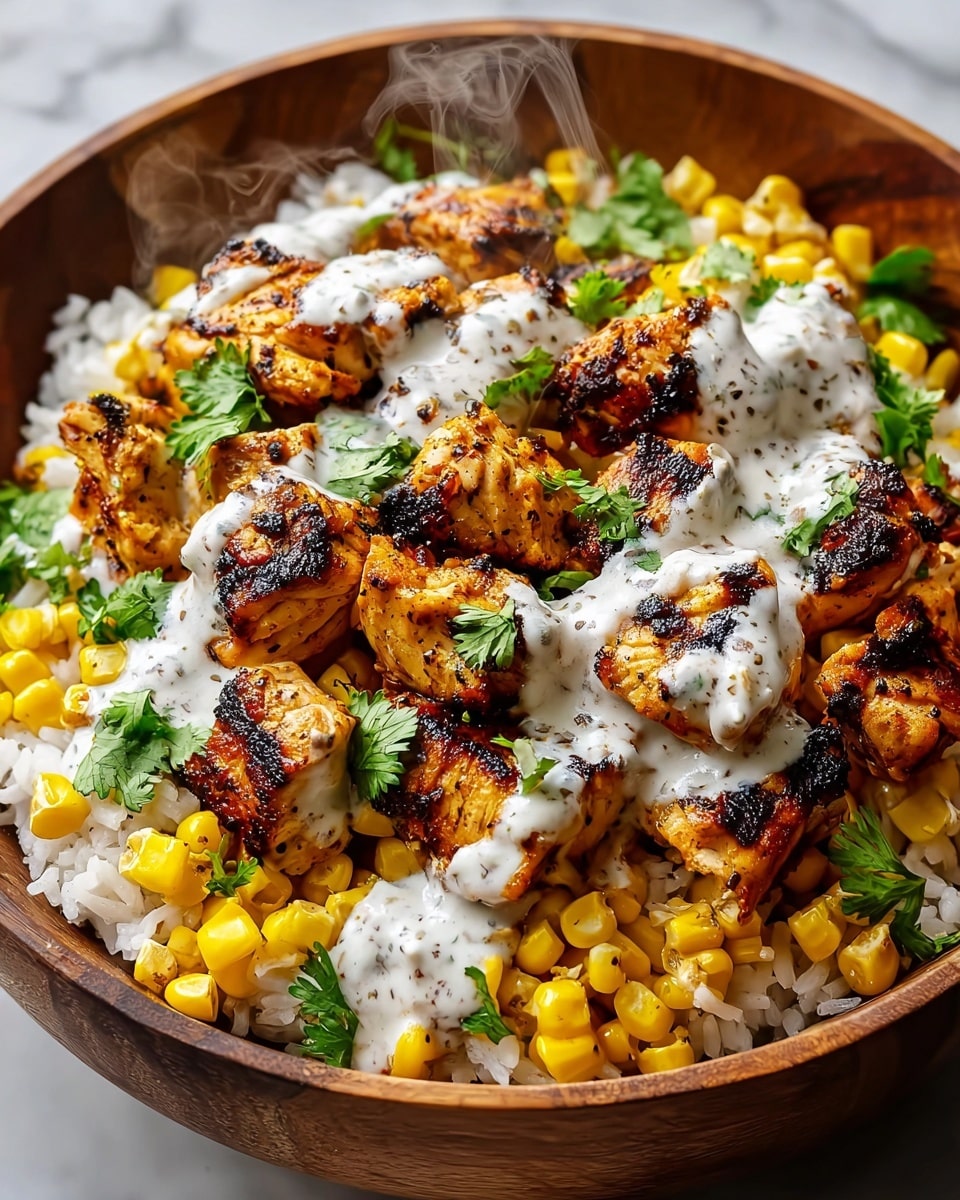 A white bowl contains a colorful layered dish with five main layers. The first layer, at the bottom right, is white fluffy rice with some green herbs mixed in. Next to it on the left, there is bright yellow corn. Toward the back of the bowl, fresh green edamame beans are visible. The center of the bowl is filled with grilled orange-brown pieces of chicken, topped with sesame seeds and small green herbs. A green lime wedge is placed on the right edge of the bowl. The bowl sits on a white marbled surface. photo taken with an iphone --ar 4:5 --v 7