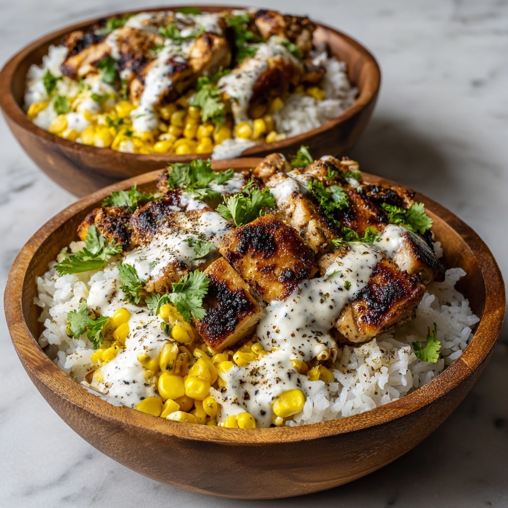A wooden bowl filled with three layers of food sits on a white marbled texture. The bottom layer is white steamed rice, soft and fluffy, scattered with bright yellow corn kernels. On top of this is a layer of charred, golden-brown grilled chicken pieces with visible black grill marks, giving a smoky look. The chicken is drizzled with a creamy white sauce sprinkled with black pepper, and fresh green cilantro leaves are scattered all over, adding a pop of color and freshness. Steam rises gently from the bowl, showing the food is hot and ready to eat. photo taken with an iphone --ar 4:5 --v 7