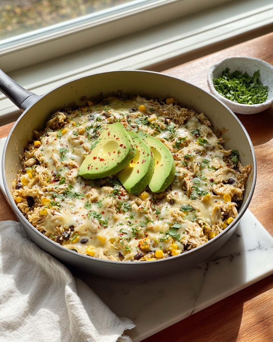 A close-up view of a black pan filled with a layer of cooked white rice mixed with small pieces of chicken, topped in the center by a thick, green sauce being poured from a glass blender jar. The sauce has a chunky texture with dark green and lighter green shades. The pan sits on a white marbled surface, and the background is dark, making the dish stand out. Photo taken with an iphone --ar 4:5 --v 7