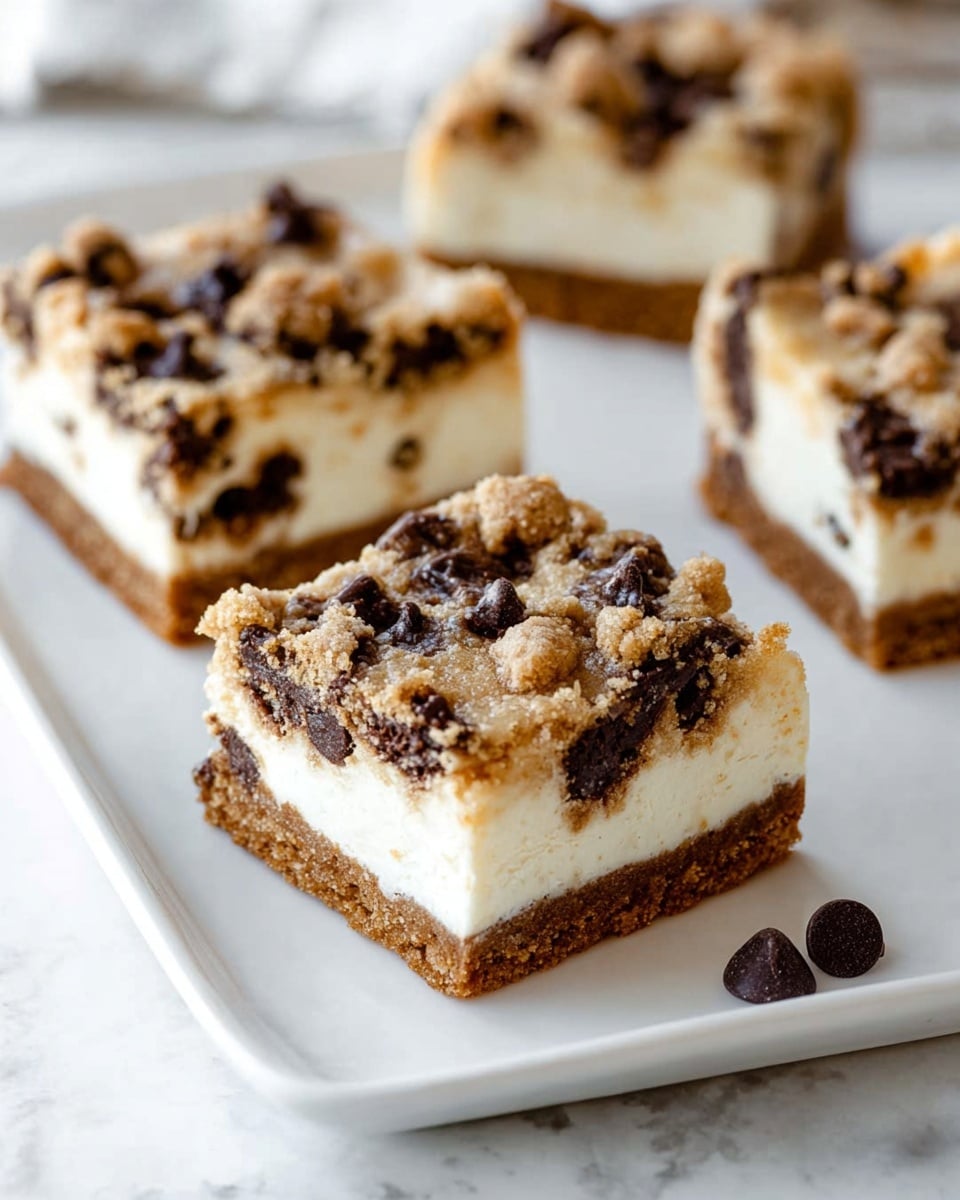 A close-up of a rectangular glass baking dish filled with a thick, golden-brown baked dessert that has a crumbly, unevenly textured top layer dotted with many dark chocolate chips. The dessert appears to have a crusty, rough surface with varied clumps covering the entire top. The edges show a slightly darker, crispier crust. The baking dish rests on a white marbled surface with a folded gray cloth visible at the bottom left corner. Part of the dish is lined with shiny aluminum foil. photo taken with an iphone --ar 4:5 --v 7