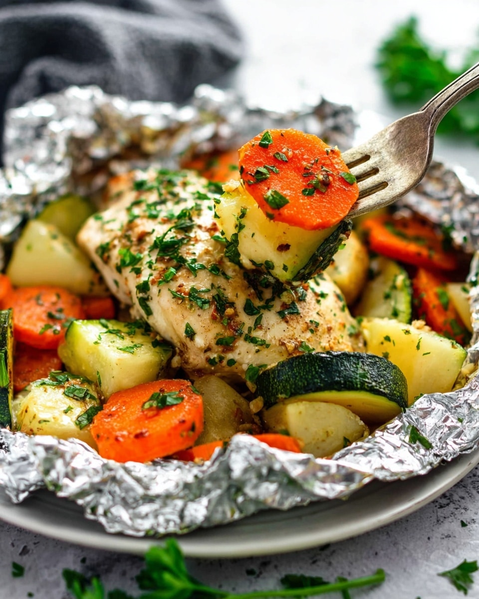 The image shows a foil packet filled with a cooked chicken breast topped with chopped green herbs, surrounded by chunky pieces of orange carrots, light yellow potatoes, and green zucchini slices. A silver fork is lifting a bite-sized piece of chicken with a carrot slice and zucchini, all sprinkled with green herbs. The foil has crinkled edges, and the whole foil packet sits on a white plate placed on a white marbled surface, with some sprigs of fresh green parsley around. Photo taken with an iphone --ar 4:5 --v 7