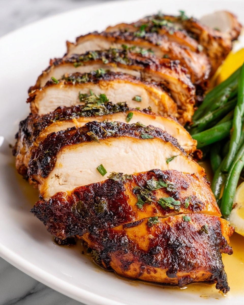 Three slices of roasted chicken breast with a golden-brown crispy skin are arranged in the center of a white plate, stacked slightly overlapping each other. The juicy, white meat inside is tender and moist, with a fork piercing the top slice. To the left, there are bright green beans adding a fresh green color, and a thin wedge of lemon is placed near the edges of the chicken slices for a touch of yellow. The plate is set on a white marbled surface, with blurred background elements like salt and pepper shakers adding context. Photo taken with an iphone --ar 4:5 --v 7