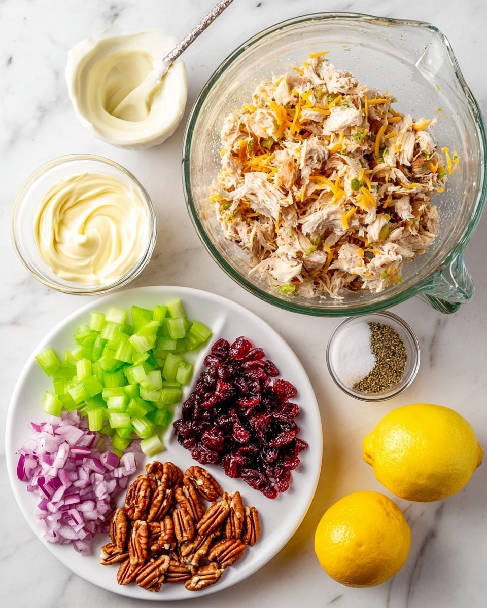 A sandwich with two thick slices of oat-covered brown bread, filled with a creamy mixture that has visible chunks of light green celery, red cranberries, and medium brown pecans, creating a textured and colorful filling that slightly spills out from the edges. The sandwich sits on a white plate placed on a red and white checkered cloth, with a blurred background showing a white jug holding wooden utensils and two green glass cups stacked on each other, all set on a white marbled texture. Photo taken with an iphone --ar 4:5 --v 7