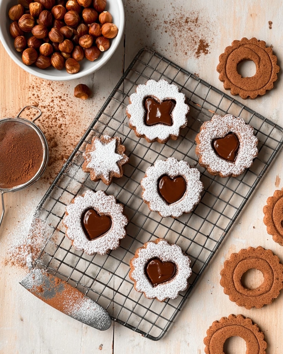 The image shows several stacks of round sandwich cookies with scalloped edges, each cookie layer being a dark brown color with visible nut bits. The cookies are filled with a smooth, rich chocolate cream that is visible between the two cookie layers. The top cookie in each stack is dusted with white powdered sugar, and one cookie in the front has a heart-shaped cutout revealing the chocolate filling inside. The cookies rest on a light wooden surface with a white marbled textured background softly blurred behind. In the distance, metal cooling racks and a rolling pin are partially visible, adding a cozy baking atmosphere. photo taken with an iphone --ar 4:5 --v 7