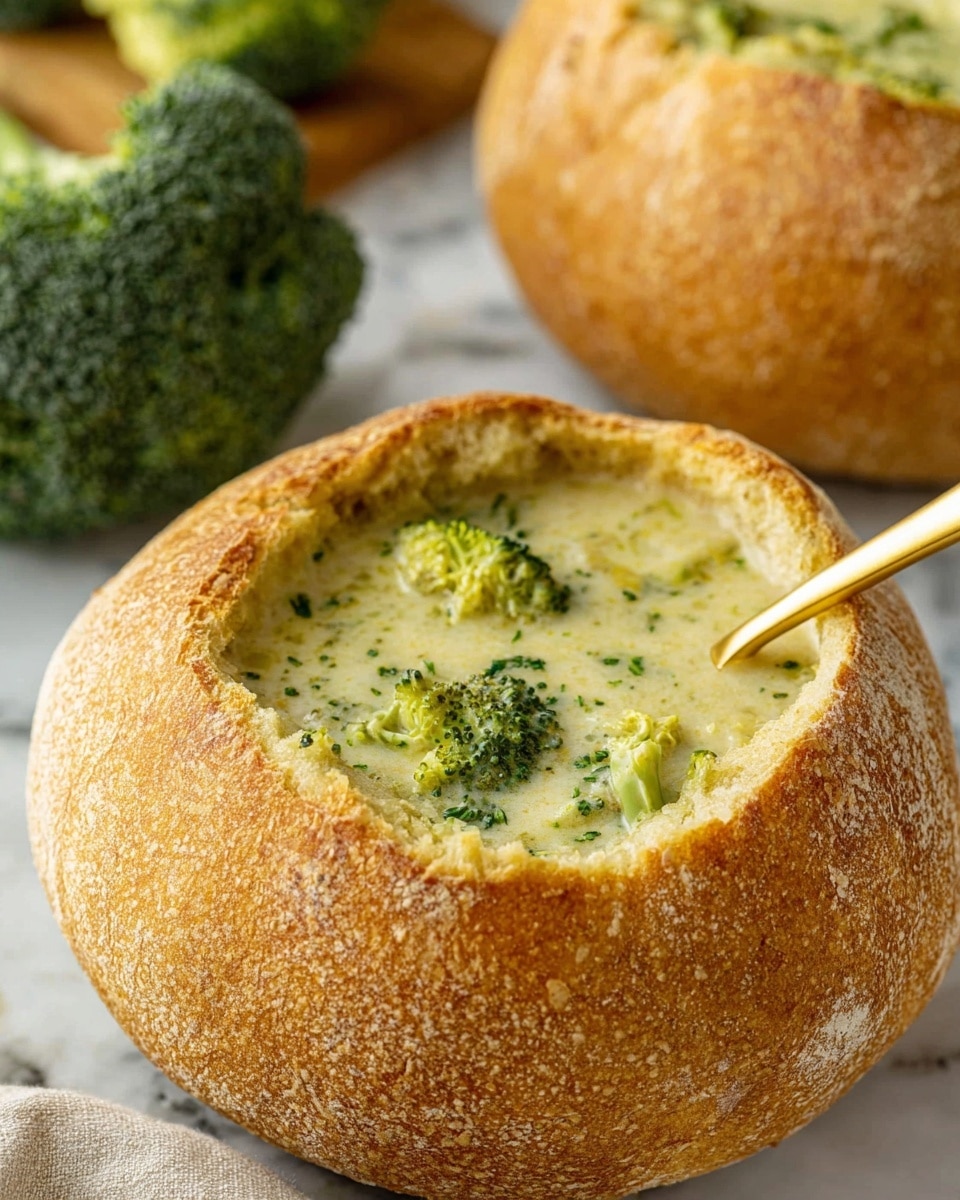 The image shows two round bread bowls with golden-brown crusts filled with creamy broccoli soup. Each soup has a light green color with visible pieces of broccoli and small bits of parsley sprinkled on top. One bread bowl is held by a woman's hand wearing a cream-colored sweater, while the other rests on a white marbled surface. Around the bread bowls, there are two golden spoons, a white salt and pepper shaker set, a small white scalloped dish filled with chopped green herbs, and fresh broccoli florets in the background. Photo taken with an iphone --ar 4:5 --v 7