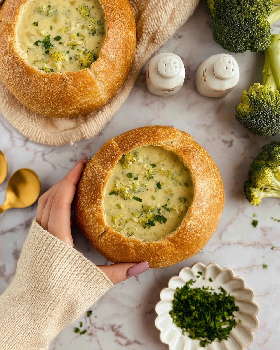A round bread bowl with a rough, golden-brown crust is filled with creamy, light green broccoli soup, speckled with small broccoli pieces and finely chopped herbs on top. A gold spoon is inside the soup, resting against the edge of the hollowed bread. In the blurred background, there is another bread bowl and fresh broccoli on a white marbled surface. photo taken with an iphone --ar 4:5 --v 7