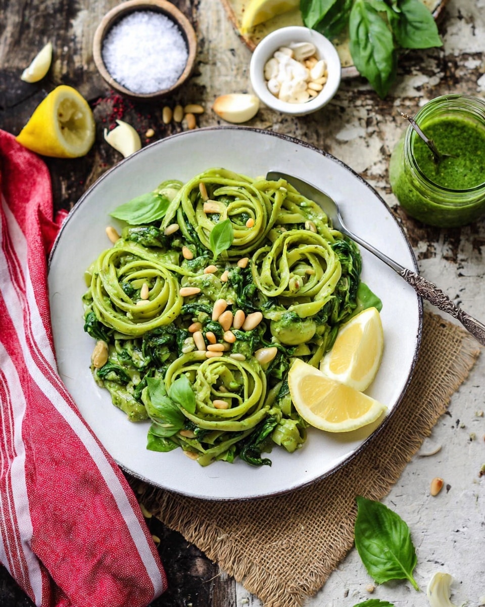 This image shows a white plate filled with three nests of green pasta mixed with spinach leaves and pine nuts, arranged on top. The pasta has a smooth texture with some bite-sized green pieces mixed in. A lemon wedge is placed on the right edge of the plate. The plate is set on a coarse cloth over a white marbled surface worn to look rustic, scattered with garlic cloves, basil leaves, and pine nuts. Around the plate, there are small white bowls filled with coarse salt and fresh basil leaves, a striped cloth, lemon halves, and a small jar of green sauce with a spoon inside. The lighting is natural, enhancing the fresh green colors of the dish. Photo taken with an iphone --ar 4:5 --v 7