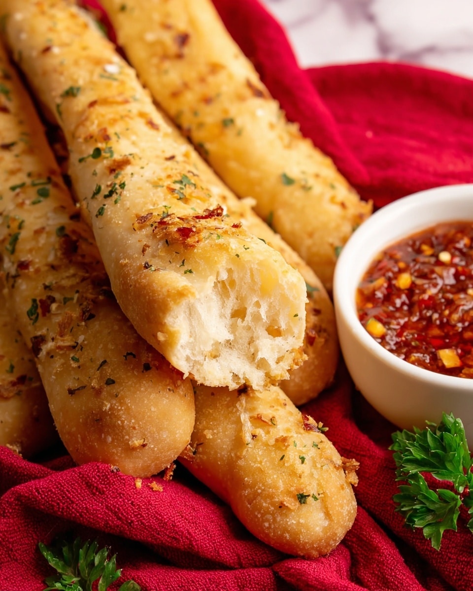 A group of about eleven golden baked breadsticks with a light sprinkle of herbs and cheese on top rest on a red cloth, placed over a wooden board. Near the breadsticks, there are small white bowls containing grated cheese, dried herbs, and red marinara sauce with chili flakes. Bright green parsley sprigs decorate the edges of the wooden board, and the whole setting is laid on a white marbled surface. photo taken with an iphone --ar 4:5 --v 7