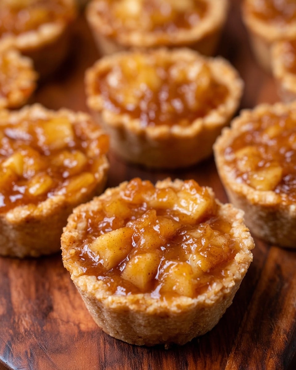 The image shows several small mini pies arranged on a wooden surface. Each pie has a thick, crumbly, pale golden crust forming a cup shape around a filling of soft, glossy, caramel-colored apple pieces with visible spices. One mini pie in the center has a bite taken out, revealing the textures inside. The apple filling looks syrupy and sticky, contrasting with the rough, grainy crust on the outside. photo taken with an iphone --ar 4:5 --v 7