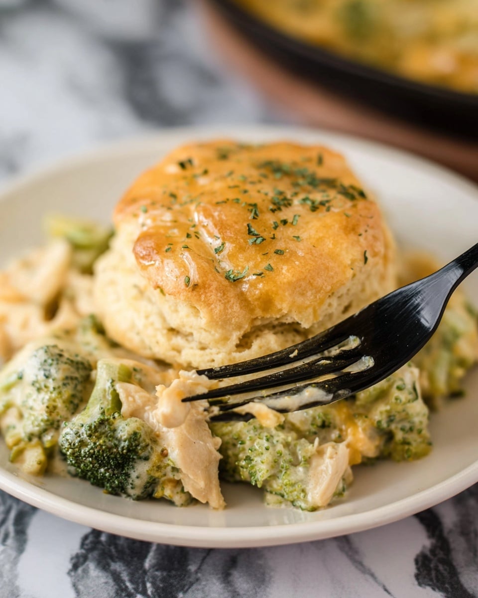 A close-up view of a golden-brown biscuit with a slightly shiny and soft top sprinkled with green herbs, sitting on a bed of creamy cheesy broccoli and chicken mixture. The broccoli pieces are green and textured, mixed with chunks of creamy, light-colored chicken and a melted cheese sauce that looks smooth and rich. A black fork is gently pressing into the biscuit near the center. The food is served on a white plate resting on a white marbled surface. Photo taken with an iphone --ar 4:5 --v 7