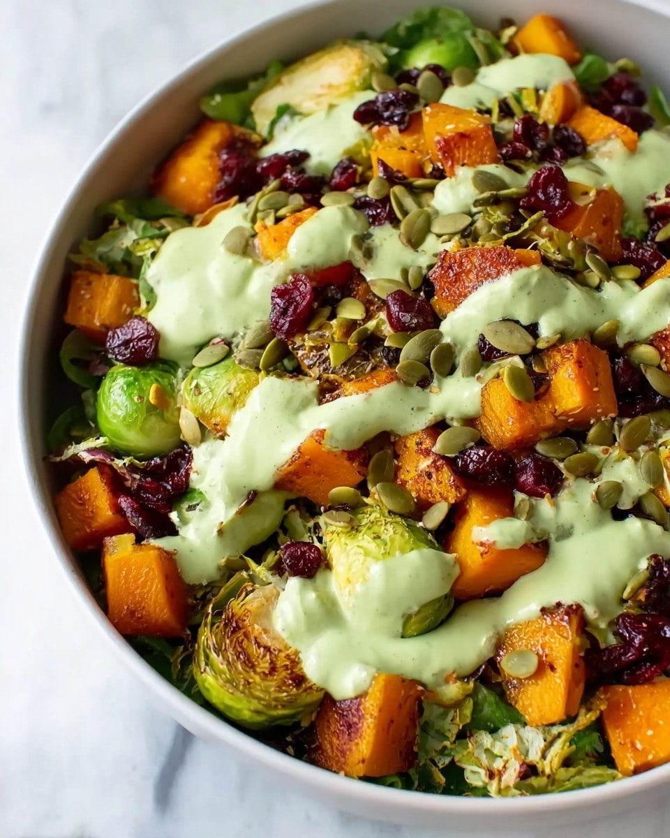 A white bowl filled with a colorful layered salad. The bottom layer is fresh green arugula leaves, leafy and vibrant. Above that is a layer of light beige quinoa, fluffy in texture. On top of the quinoa, there are roasted Brussels sprouts with a slightly browned outer layer, and bright orange chunks of roasted butternut squash scattered evenly. The salad is topped with a generous sprinkle of dark red dried cranberries and green pumpkin seeds, adding texture and contrast. The bowl sits on a white marbled surface. photo taken with an iphone --ar 4:5 --v 7