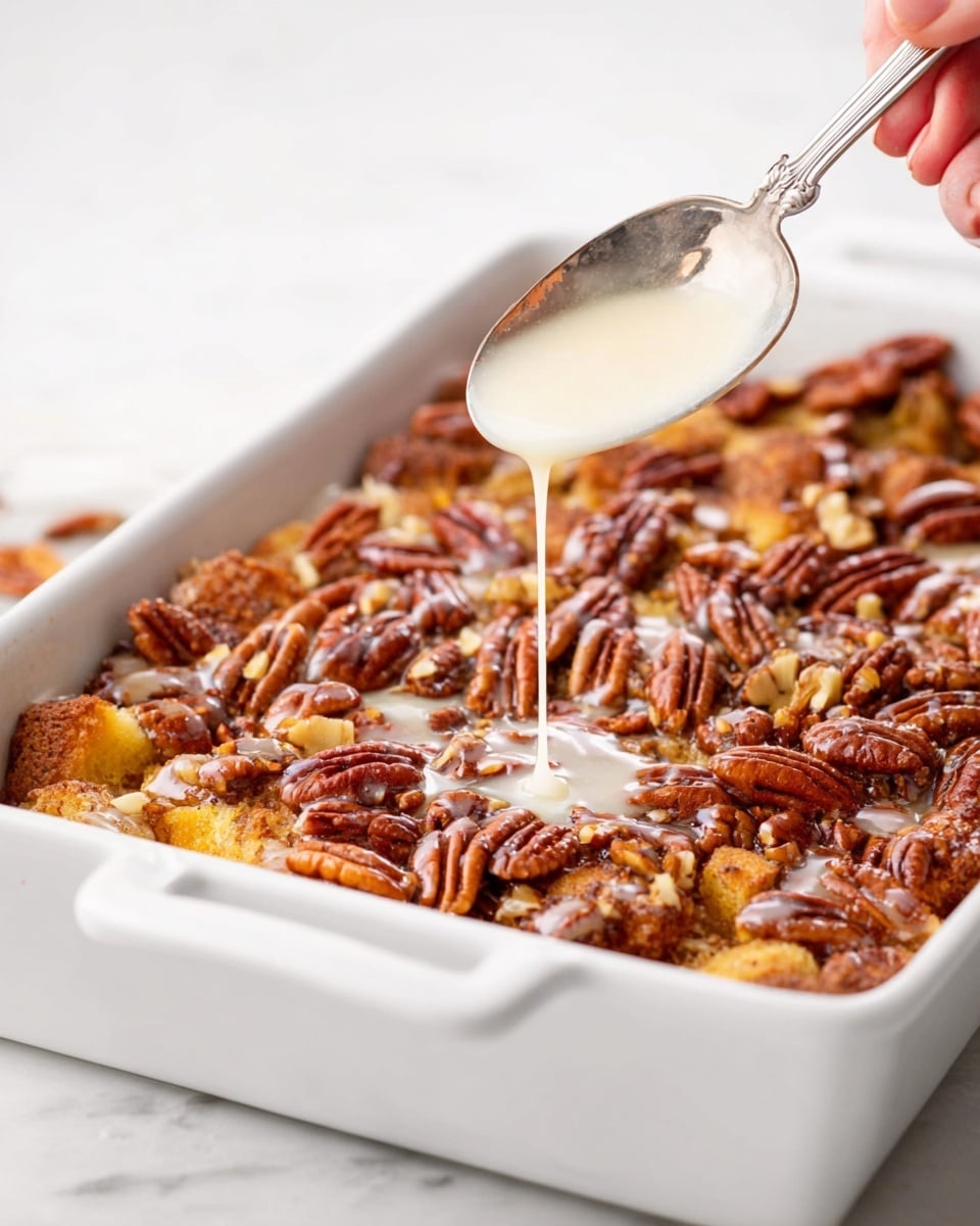 A close-up view of a layered dessert slice on a white plate, showing soft, golden-brown bread or dough pieces at the base, topped with chunky, glossy, cooked apple pieces in a light caramel sauce, sprinkled with toasted pecans adding rough texture, and drizzled with a smooth, creamy white icing over the top. A vintage silver fork lies on the plate near the dessert, and the plate is set on a folded orange-red textured cloth, with a blurred white dish filled with more dessert in the background, all placed on a white marbled surface. photo taken with an iphone --ar 4:5 --v 7