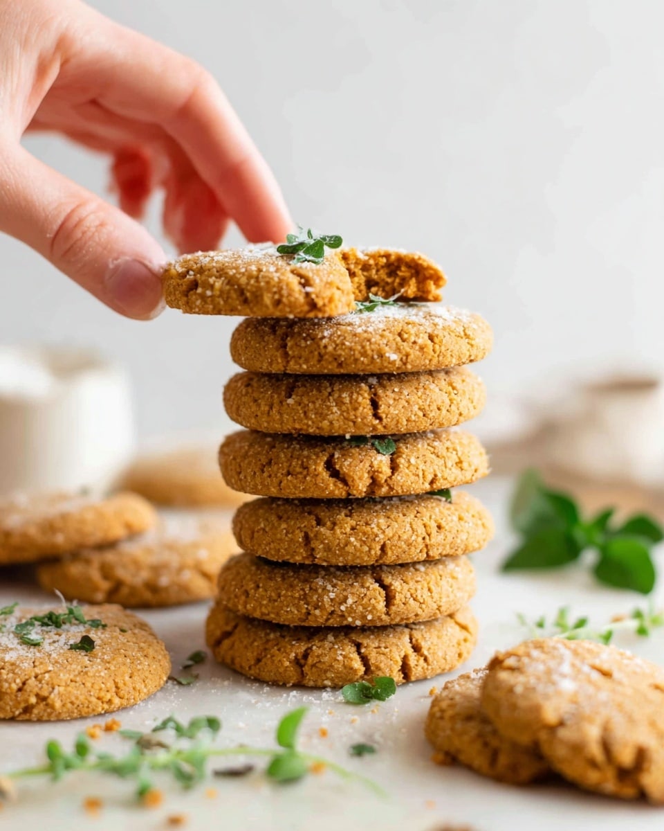 A stack of seven golden brown cookies with a crumbly texture sits on a white surface with scattered green herb leaves and some white powder sprinkled on top. A woman's hand is placing an eighth cookie on the top of the stack. Around the stack are more cookies lying flat on the white surface. The background is plain light with a small white cup and some loose green herbs in the back. The overall look is warm and fresh. photo taken with an iphone --ar 4:5 --v 7
