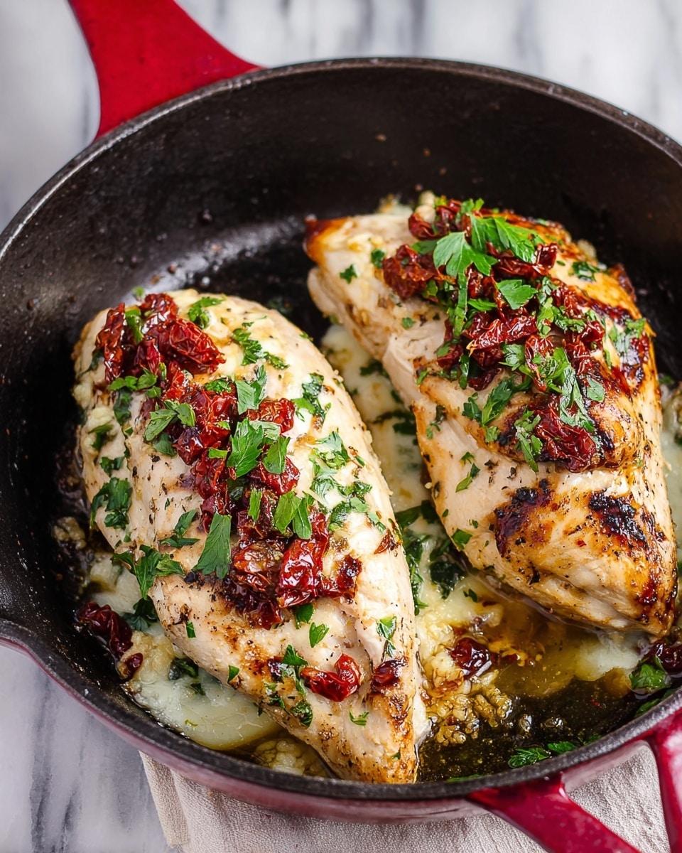 A white plate holds a grilled chicken breast stuffed with three main layers: a base layer of light brown cooked chicken, a middle layer of mixed green spinach or herbs with melted cheese, and a top layer of red sun-dried tomatoes adding texture and color. The chicken breast is grilled with visible brown char marks and topped with fresh green parsley leaves for garnish. A fork on the right side holds a bite-sized piece showing the layered inside, placed on a white marbled surface. Photo taken with an iphone --ar 4:5 --v 7